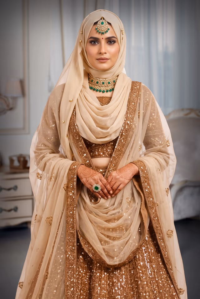 Golden Brown Handworked Bridal Lehenga With Intricate Embroidered Crop Top And Threadworked Dupatta — rent in Calicut