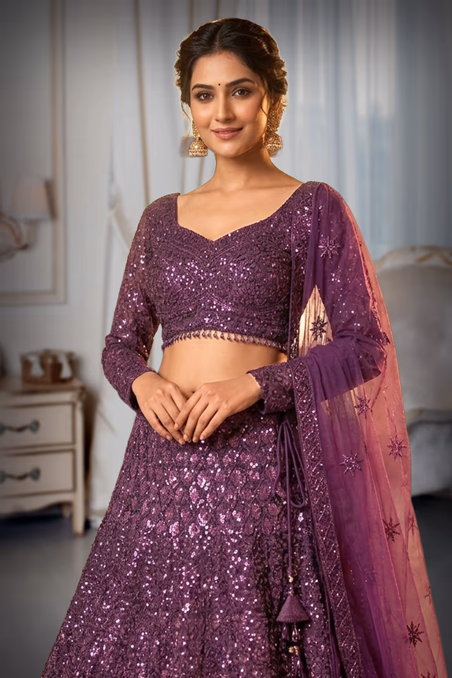Graceful Grape Wine Lehenga Choli Set Detailed With Delicate Floral Embroidery And Shimmering Accents — rent in Calicut