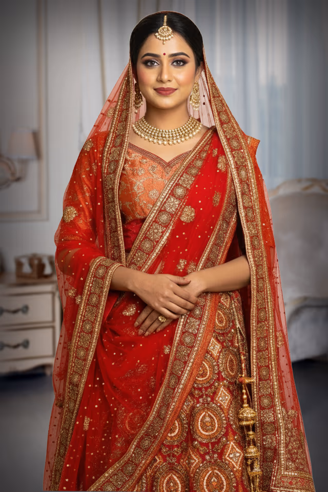 Indian Bridal Lehenga In a Rich Combination Of Deep Red And Orange Tones — rent in Bangalore