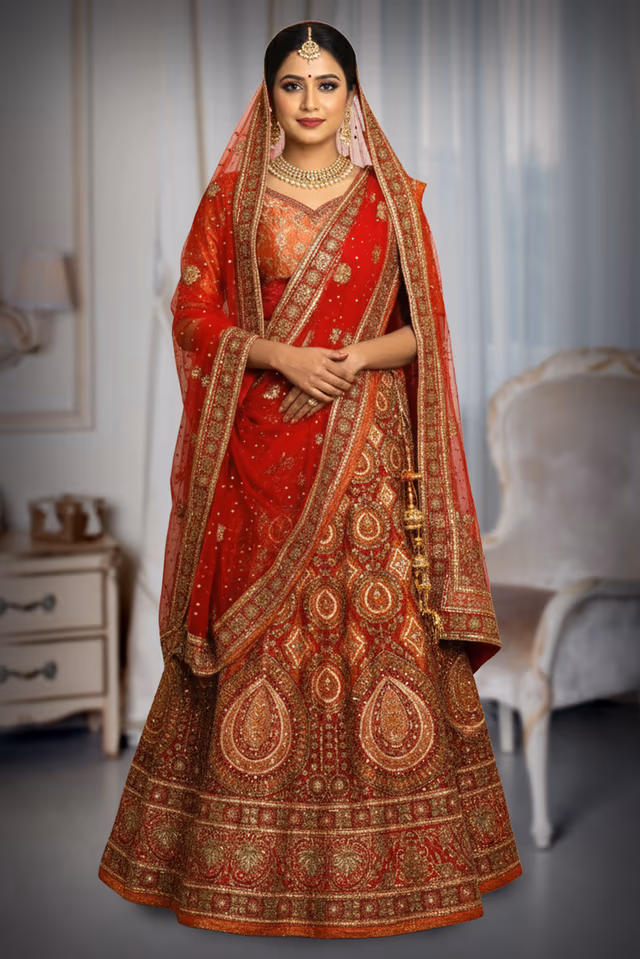 Indian Bridal Lehenga In a Rich Combination Of Deep Red And Orange Tones — back view, rent in Bangalore