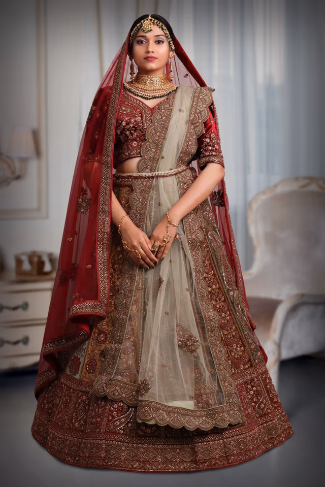 light mint Green & mustard yellow  combination embroidery lehenga — back view, rent in Bangalore