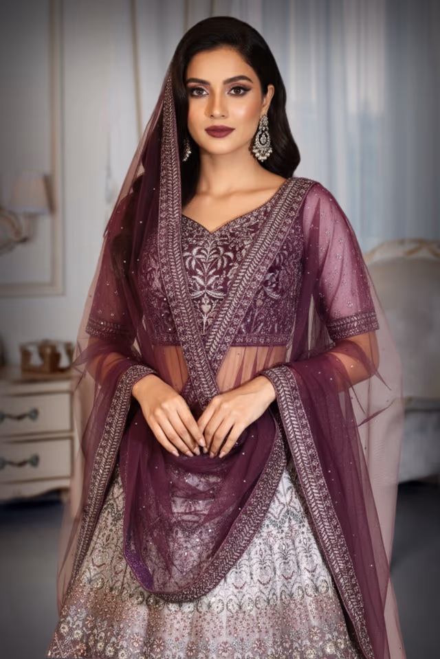 Light Purple Heavy Embellished Bridal Lehenga With Golden Stone Details On Skirt , Crop Top And Dupatta — rent in Calicut