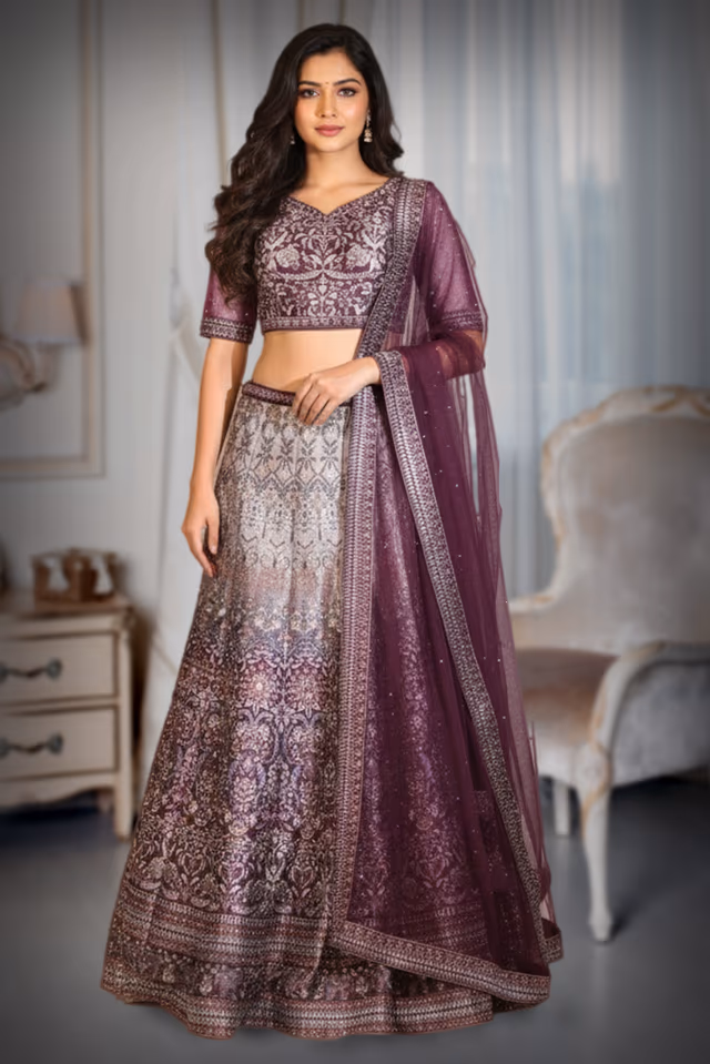 Light Purple Heavy Embellished Bridal Lehenga With Golden Stone Details On Skirt , Crop Top… — back view, rent in Calicut