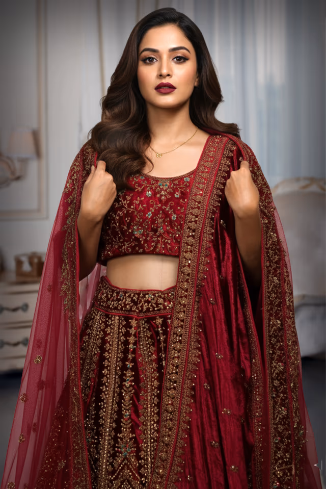 Magnificent Maroon Lehenga Set, Crafted With Rich Net Fabric And Intricate Beadwork — rent in Calicut