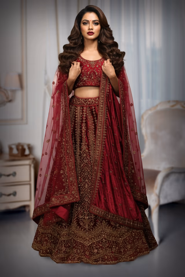 Magnificent Maroon Lehenga Set, Crafted With Rich Net Fabric And Intricate Beadwork — back view, rent in Calicut