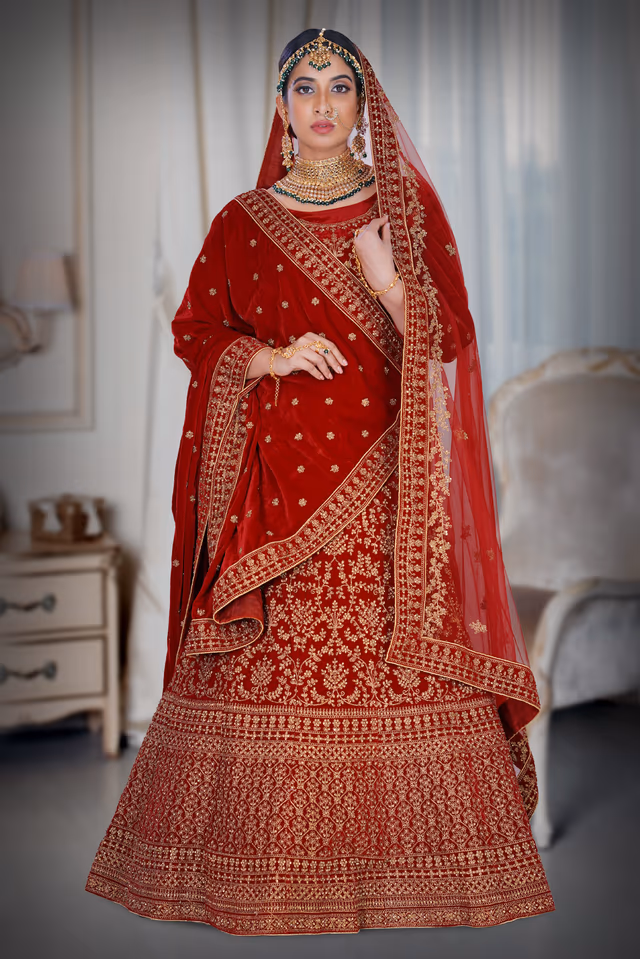 Maroon Lehenga — back view, rent in Coimbatore
