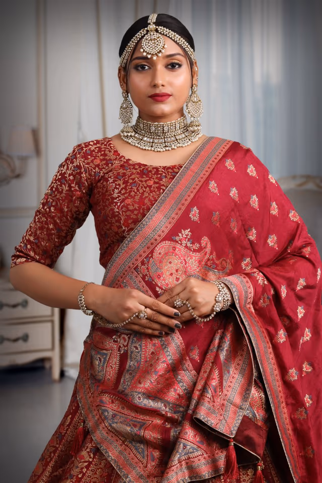 Maroon banarasi Brocade lehenga — rent in Calicut