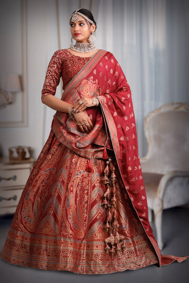 Maroon banarasi Brocade lehenga — back view, rent in Calicut