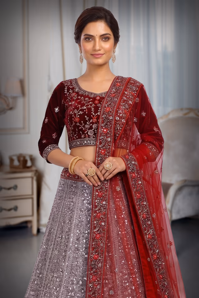 Maroon And Golden Bridal Lehenga With Golden Threadwork Details And Maroon Color Dupatta — rent in Calicut
