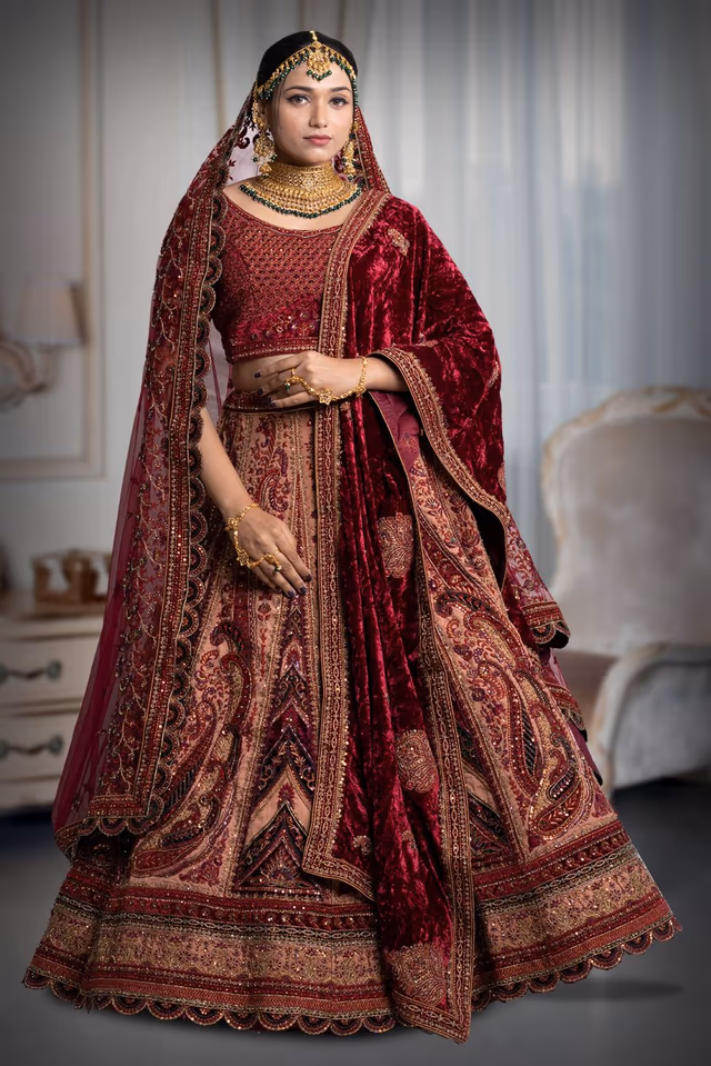 Maroon & golden yellow embrodery lace work lehenga — back view, rent in Bangalore