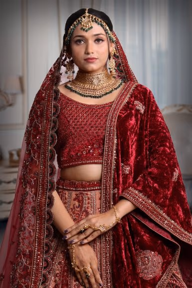 Maroon & golden yellow embrodery lace work lehenga — rent in Bangalore