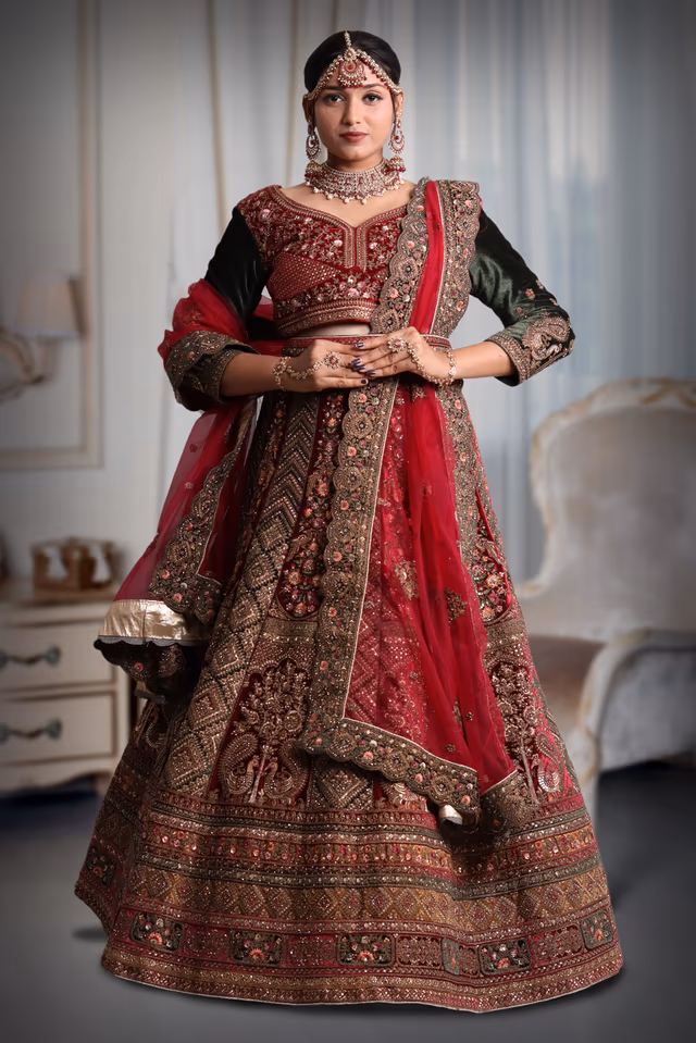 Maroon & Green big ghera work lehnga — back view, rent in Bangalore