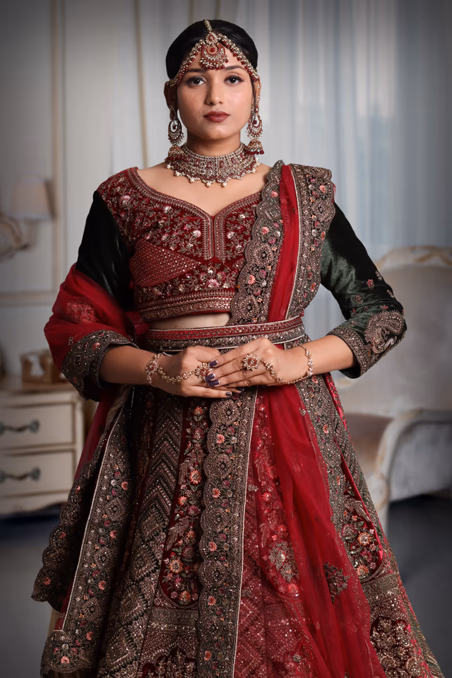 Maroon & Green big ghera work lehnga — rent in Bangalore