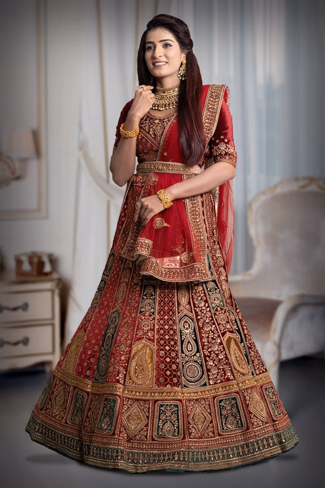 Maroon multi colour velvet lehenga — back view, rent in Bangalore