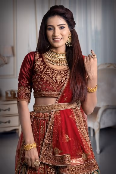 Maroon multi colour velvet lehenga — rent in Bangalore