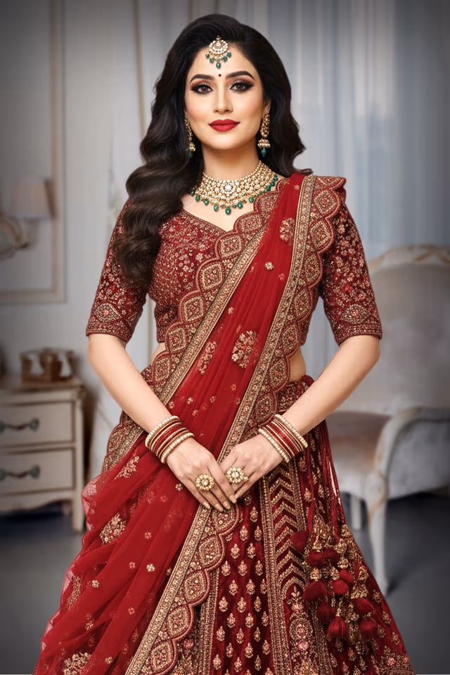 Maroon Zari Bridal Lehenga — rent in Bangalore