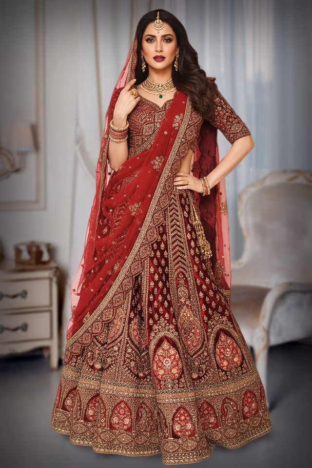 Maroon Zari Bridal Lehenga — back view, rent in Bangalore