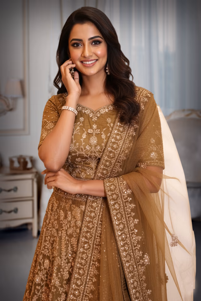 Mehandi Green and Gold Embroidered Lehenga Choli with Net Dupatta — rent in Kochi