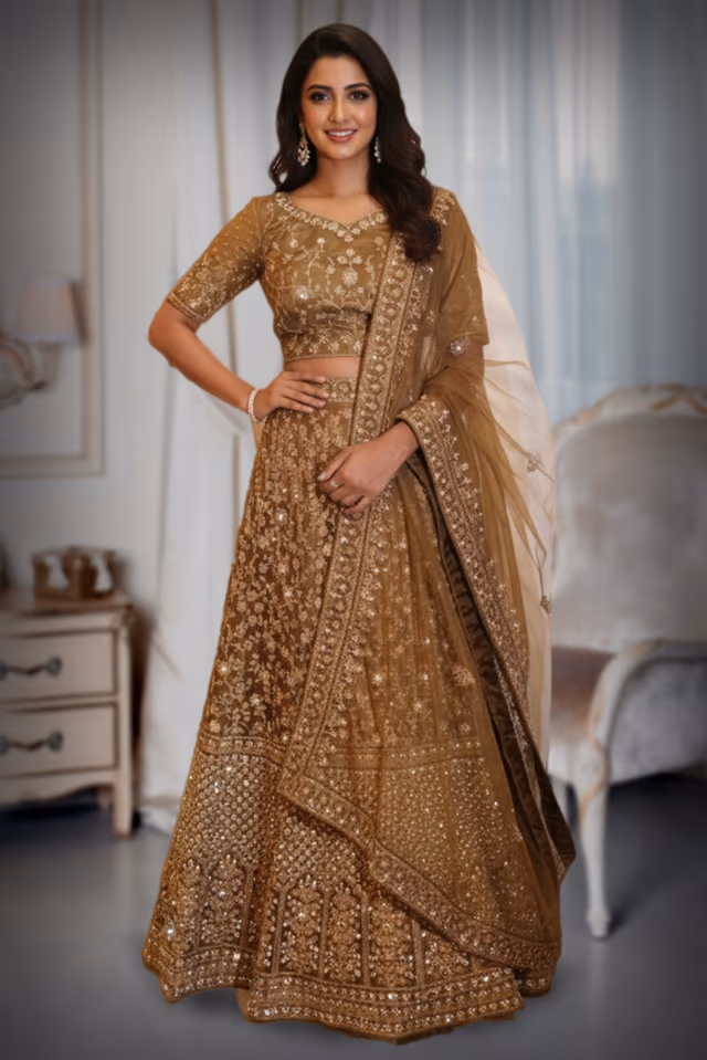 Mehandi Green and Gold Embroidered Lehenga Choli with Net Dupatta — back view, rent in Kochi