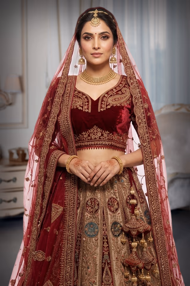 Meroon Heavy  Velvet bridal Lehenga With Dual Dhuppatta — rent in Coimbatore