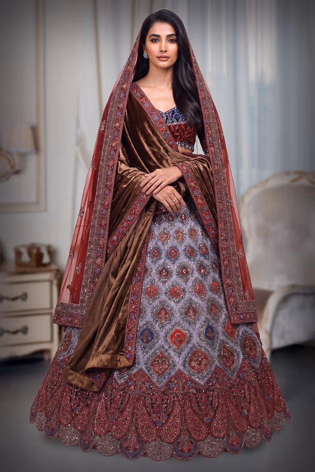 Multicolor Velvet Lehenga With Blue And Red Combination Blouse Along With Multicolor… — back view, rent in Calicut