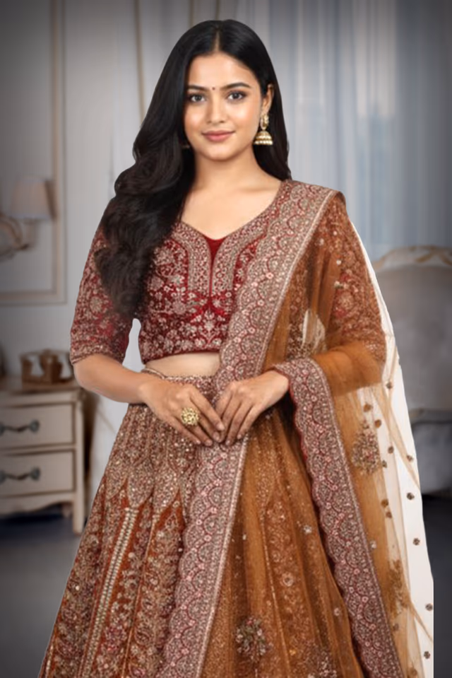 Mustard Yellow Heavy Embellished Bridal Lehenga With Golden Stone Details On Skirt , Crop Top And Dupatta — rent in Calicut