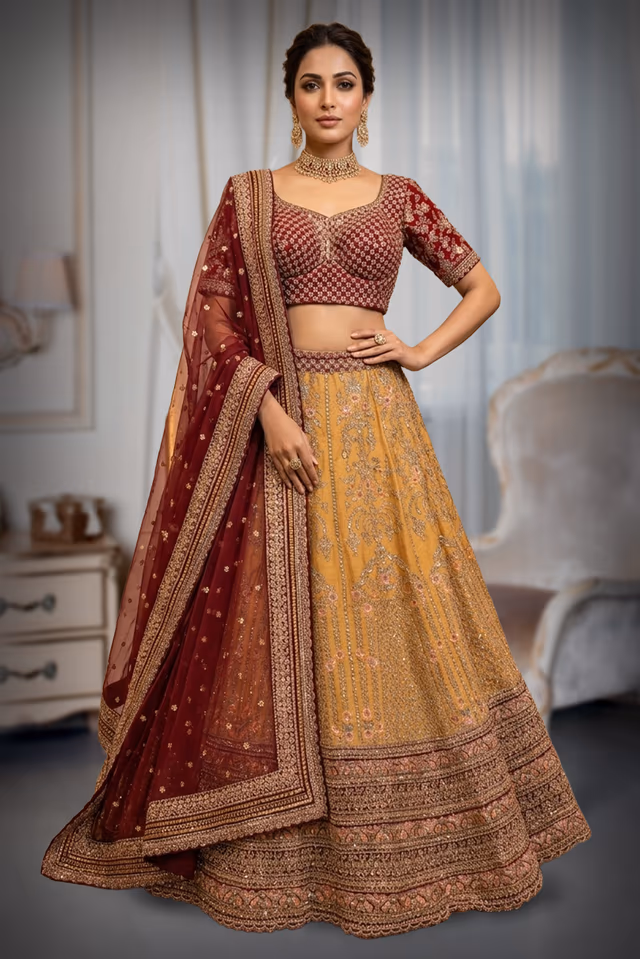 Elegant Mustard Yellow Lehenga with Maroon Embroidered Blouse and Netted Dupatta — back view, rent in Bangalore
