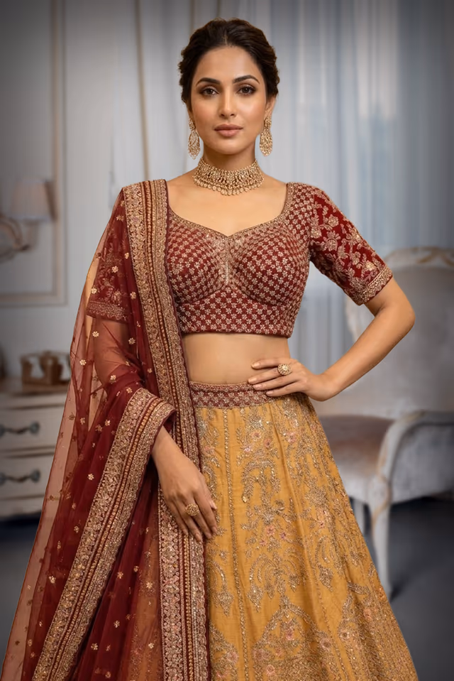 Elegant Mustard Yellow Lehenga with Maroon Embroidered Blouse and Netted Dupatta — rent in Bangalore
