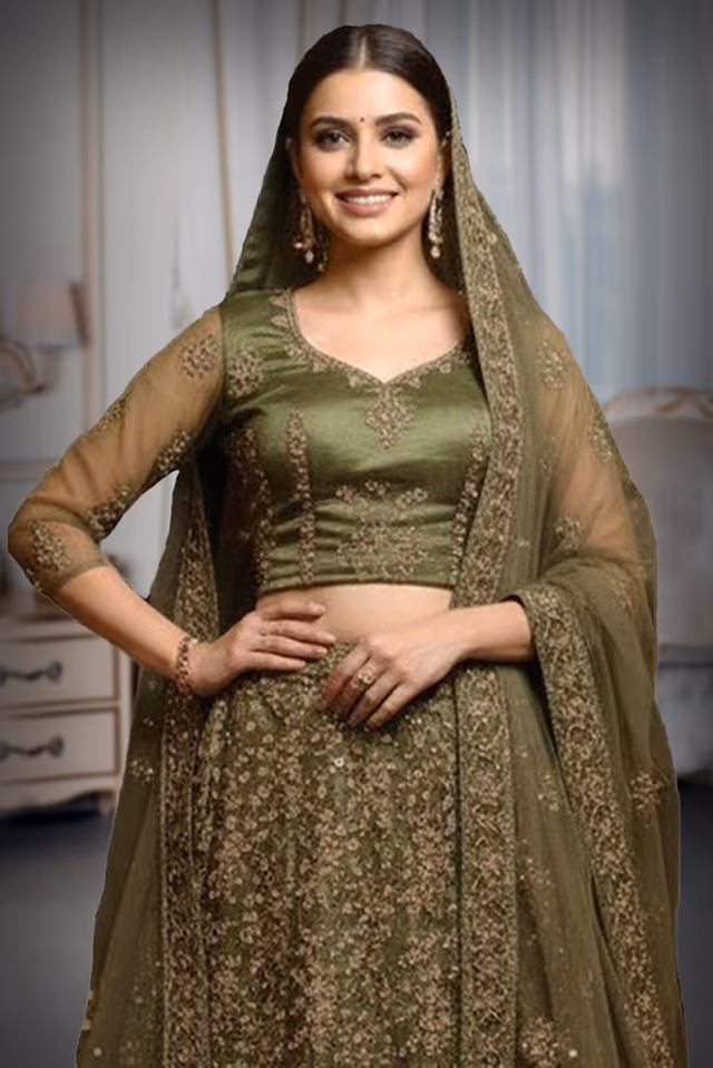 Olive Green Lehenga Choli with Golden Zardozi and Sequin Work — rent in Kochi