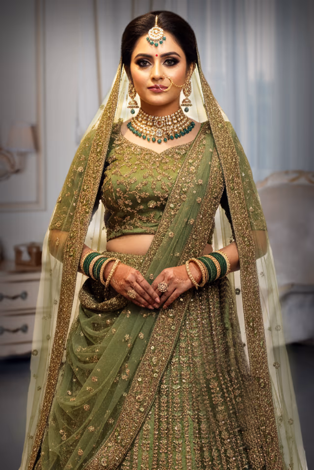 Olive Green Net/Silk Lehenga with Heavy Tone-on-Tone Embroidery — rent in Kochi
