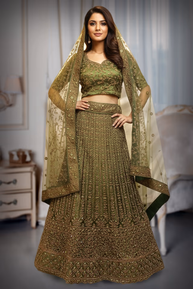 Olive Green Net/Silk Lehenga with Heavy Tone-on-Tone Embroidery — back view, rent in Kochi