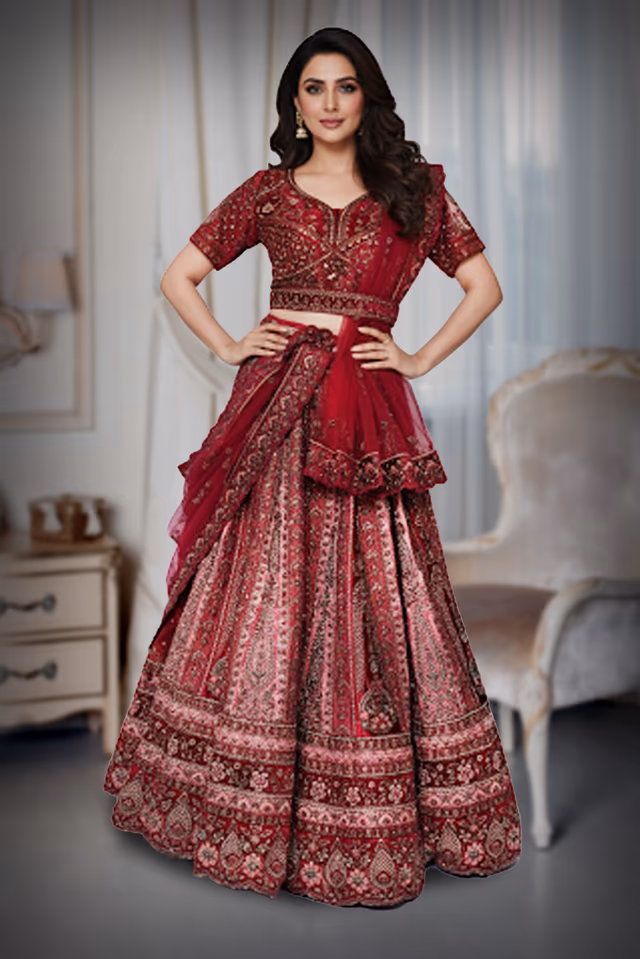 Heavy peachish red stoned lehenga — back view, rent in Bangalore