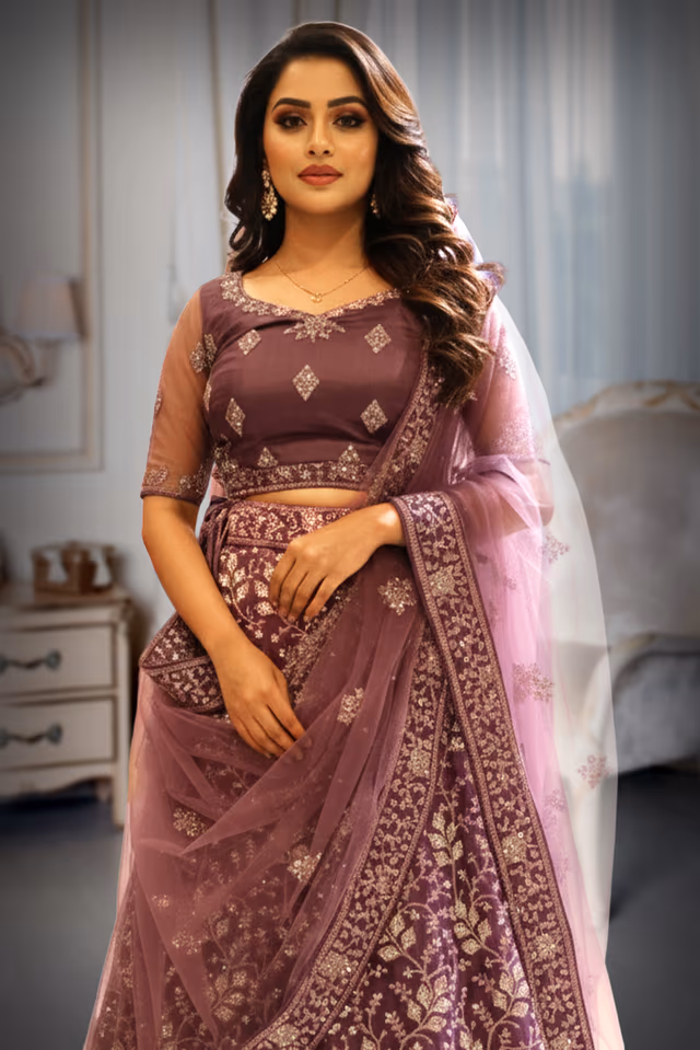 Beautiful Purple Designer Lehenga Showcasing Delicate Leafy Embroidery And Silver Work Ideal For Festive… — rent in Calicut