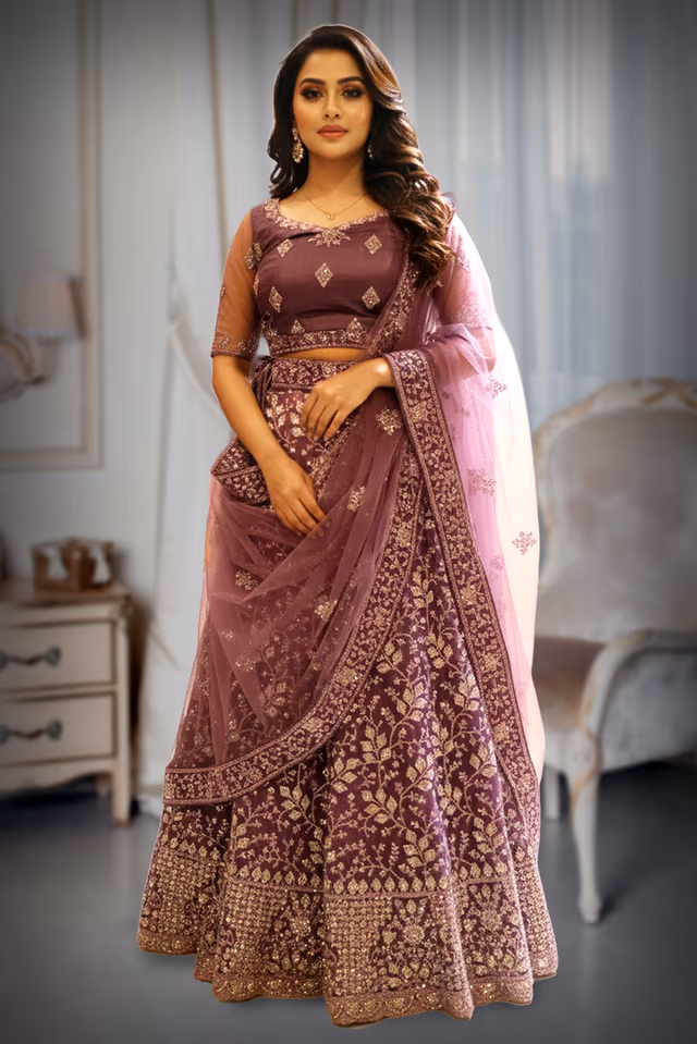 Beautiful Purple Designer Lehenga Showcasing Delicate Leafy Embroidery And Silver Work Ideal… — back view, rent in Calicut