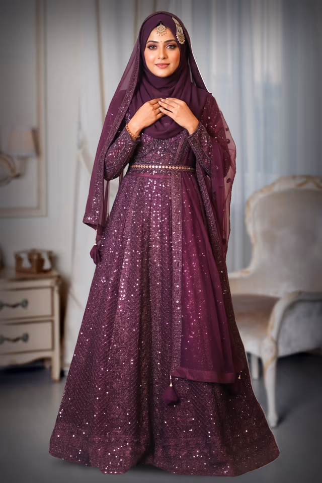 Purple Heavy Embellished Bridal Lehenga With Golden Stone Details On Skirt , Crop Top And… — back view, rent in Calicut