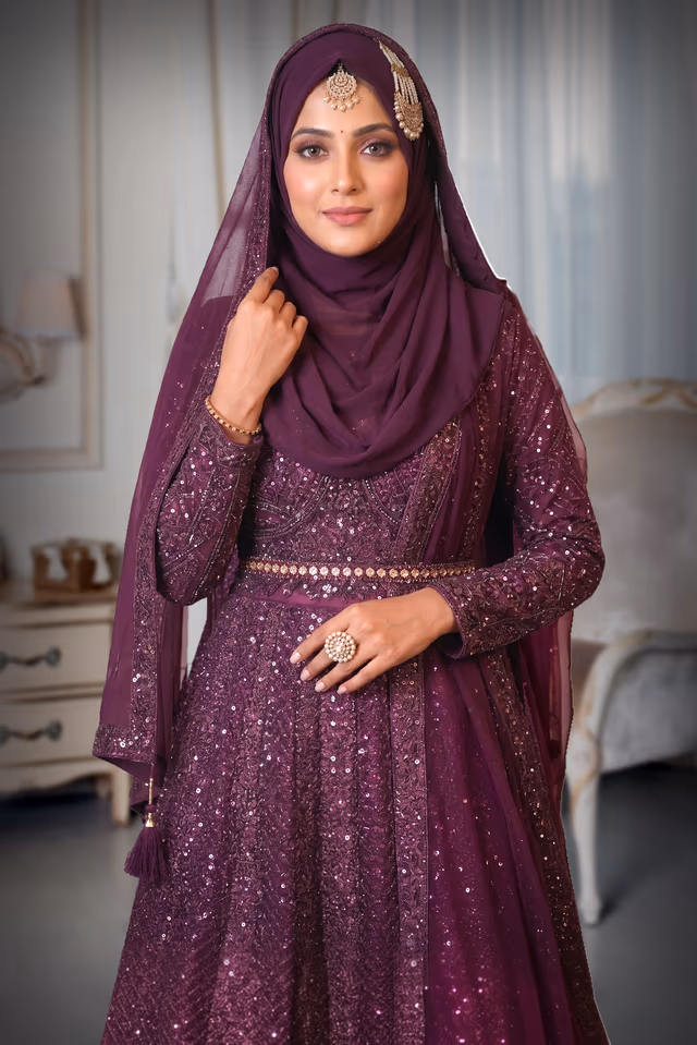 Purple Heavy Embellished Bridal Lehenga With Golden Stone Details On Skirt , Crop Top And Dupatta — rent in Calicut