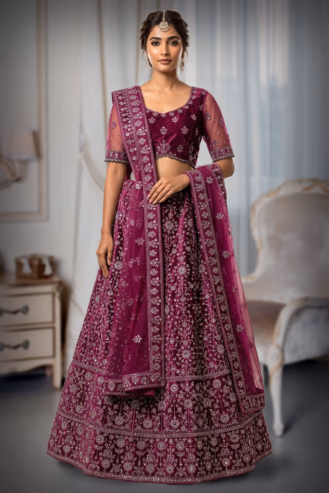 Stunning Purple Velvet  Lehenga Set Along with Elegant Dupatta — back view, rent in Coimbatore