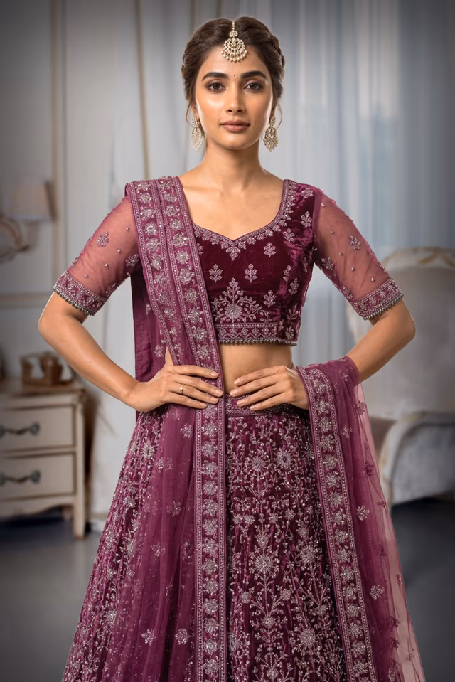 Stunning Purple Velvet  Lehenga Set Along with Elegant Dupatta — rent in Coimbatore