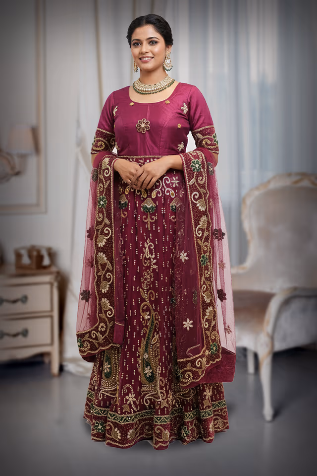Purple lehenga with zari and stone work details — back view, rent in Coimbatore
