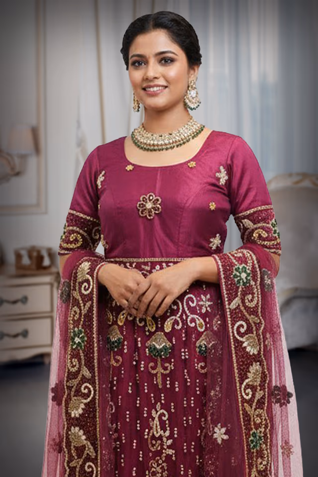 Purple lehenga with zari and stone work details — rent in Coimbatore