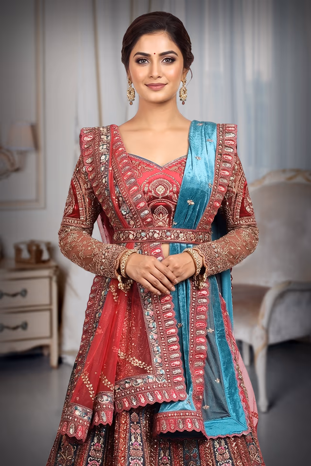 Rani Pink Heavy Embroidered Velvet Lehenga With Maroon Blouse And Double Dupattas — rent in Coimbatore