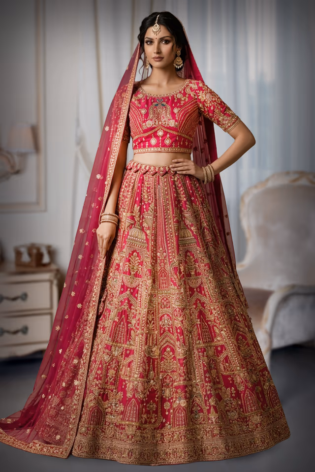 Rani Pink Lehenga with Golden Zardosi Peacock Motif Embroidery Work — back view, rent in Bangalore