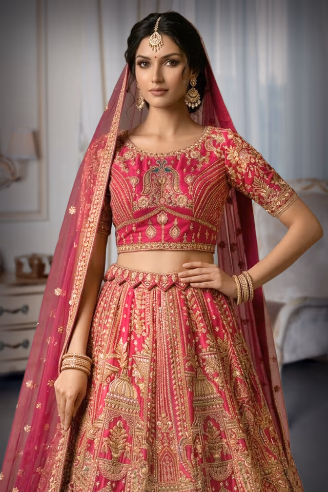 Rani Pink Lehenga with Golden Zardosi Peacock Motif Embroidery Work — rent in Bangalore