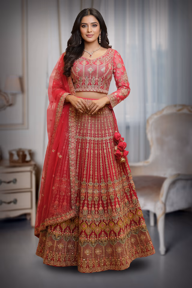 Rani Pink Heavily Embroidered Geometric Pattern Lehenga — back view, rent in Kochi