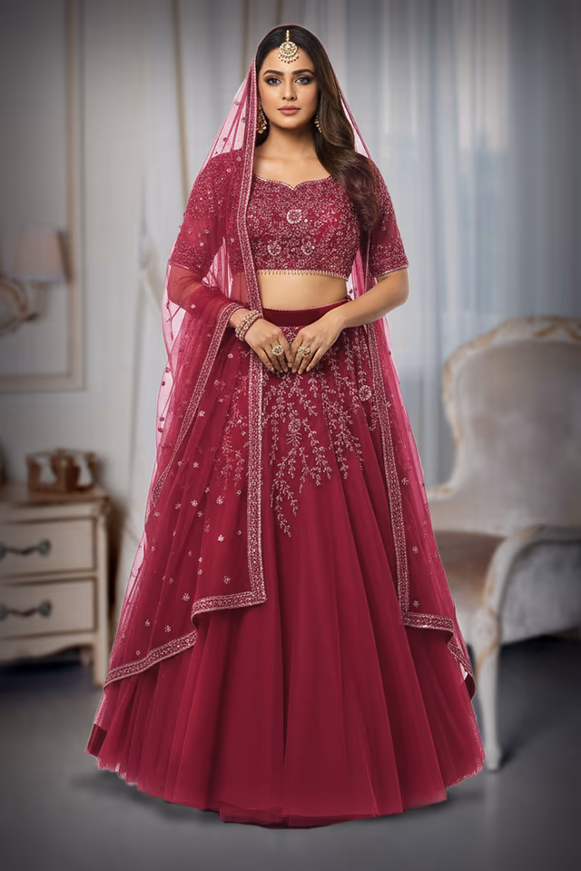 Raspberry Pink Sequin & Floral Mesh Lehenga — back view, rent in Kochi