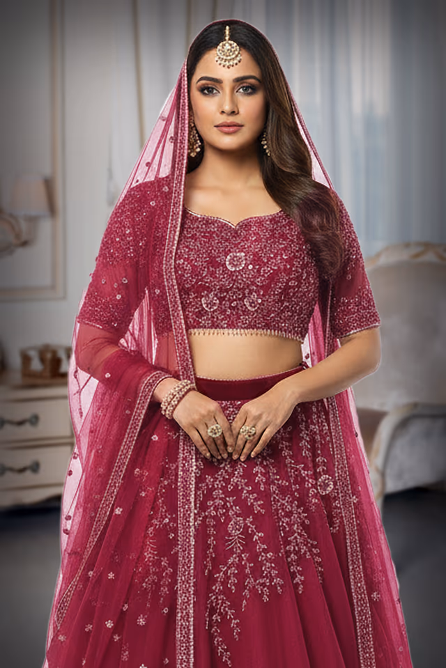 Raspberry Pink Sequin & Floral Mesh Lehenga — rent in Kochi