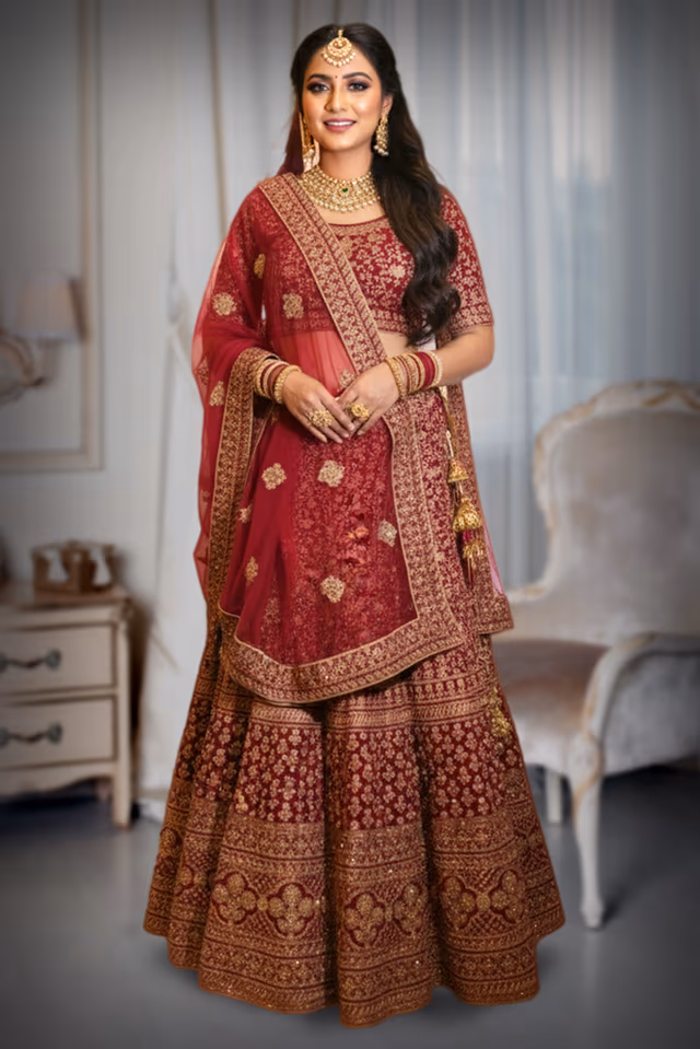 Heavy Traditional Red Bridal Lehenga Choli with Dupatta — back view, rent in Kochi