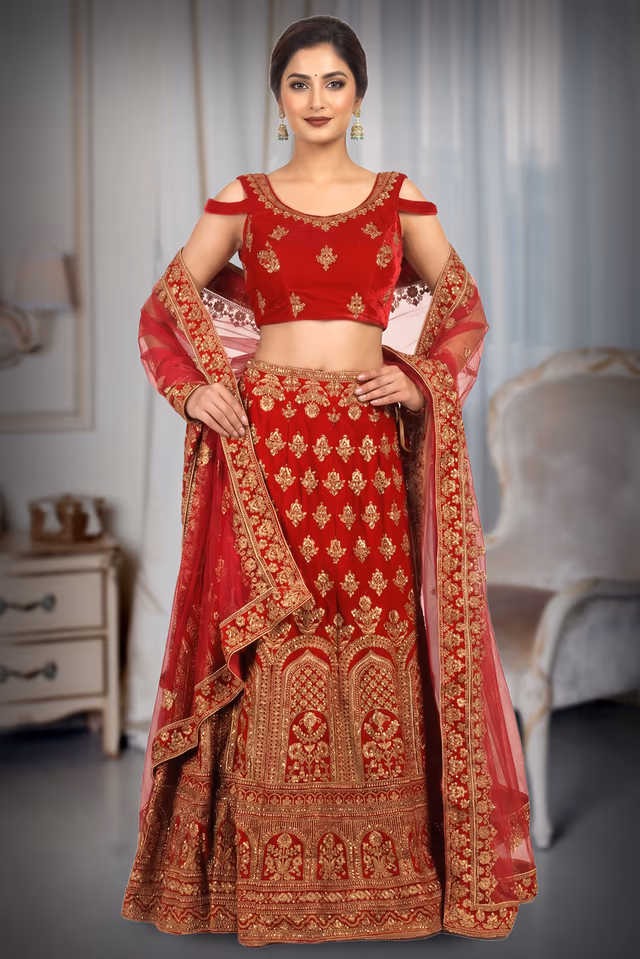 Red lehenga with gold embroidery — back view, rent in Kochi