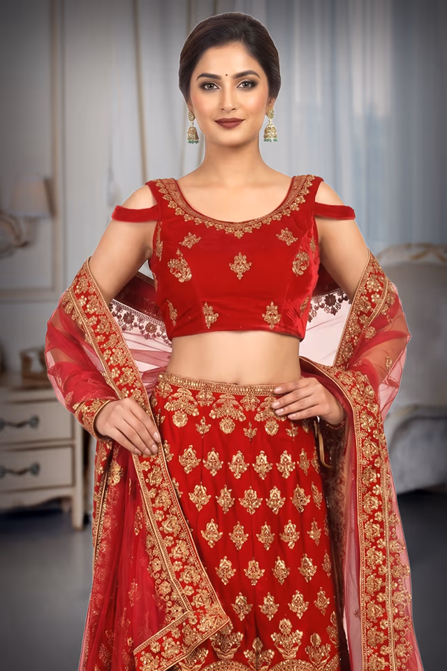 Red lehenga with gold embroidery — rent in Kochi
