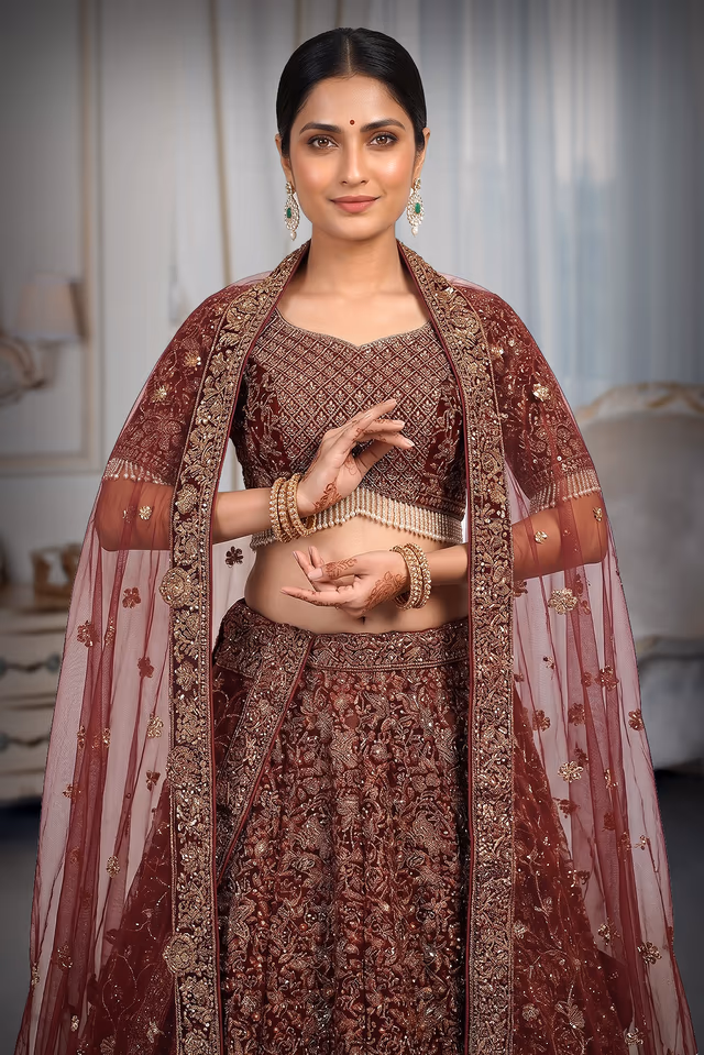 Red Heavy Handworked Bridal Lehenga With Golden Embellishments All Over The body And Beads Hanging In… — rent in Calicut